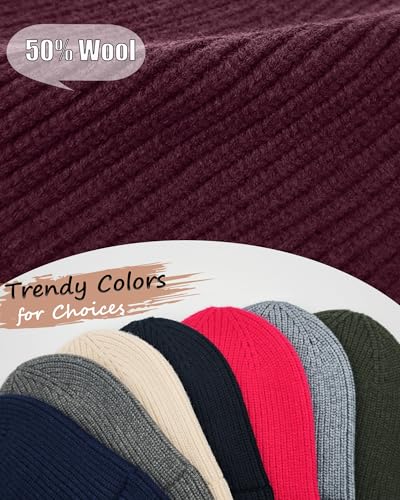 Wool Beanie for Men Women, Seamless Knit Cuffed Warm Winter Hats - color: 1pcs-wine Red