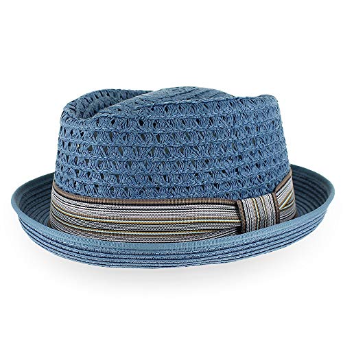 Belfry Men Women Summer Straw Porkpie Vented Trilby Fedora Hat in Blue Tan Black Brown Burgundy - color: Slate, size: Small