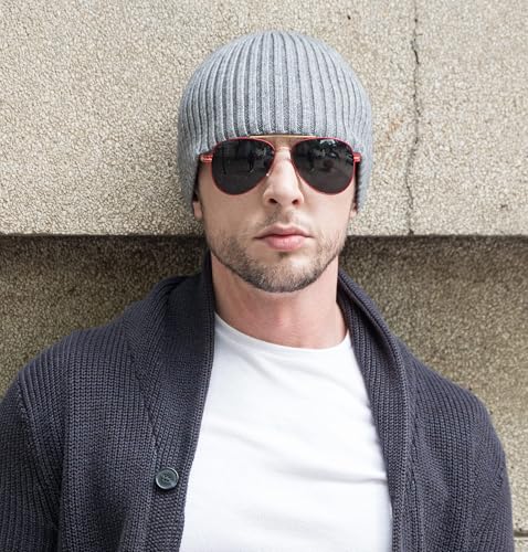 ZLYC Men Winter Knit Fisherman Beanie Hat Fashion Warm Daily Skull Cap - color: Solid Gray