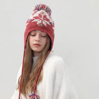 Women Cute Beanie Hat with Pom Warm Ski Snow Ear Flaps Snowflake Fair Isle Pattern Crochet Hats with Fleece Lined - color: Black