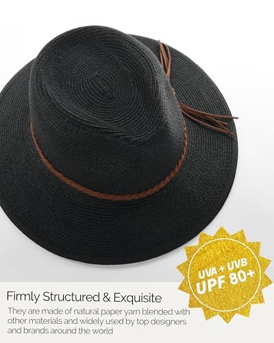FURTALK Womens Wide Brim Sun Hat Beach Panama Fedora Straw Summer - color: Black, size: Large-X-Large