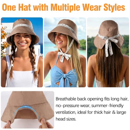 Babalet Linen Blend Sun Hat for Women Wide Brim Beach Bucket Hat - color: Khaki- Ponytail Opening