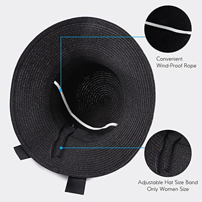 Zsedrut Women,Little Girls Straw Sun Hat Summer Beach Cap Foldable Visor Floppy Hats Wide Brim with Bowknot - color: Black, size: One Size