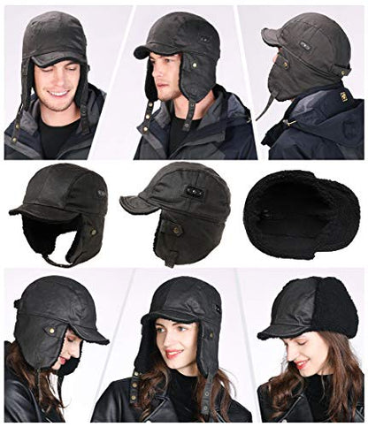 Comhats Aviator Hat Faux Leather Pilot Cap Oversize Adult Men Winter Trapper Hunting Hat 56-66CM - color: Black, size: Medium