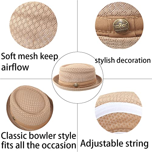 Summer Mesh Pork Pie Hat,Men Women Straw Fedora Cap,Lightweight Bowler Cap - color: Khaki+grey