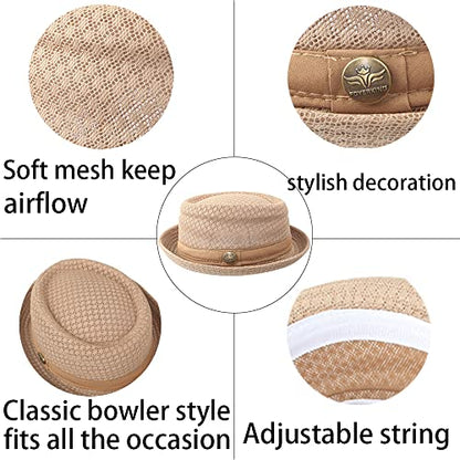 Summer Mesh Pork Pie Hat,Men Women Straw Fedora Cap,Lightweight Bowler Cap - color: Khaki+grey