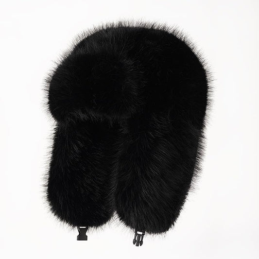 Women's Fluffy Trapper Hat, Long Pile Faux Fur Ushanka hat with Buckle, Luxurious Mink-Style Winter Warm Hat - color: Black