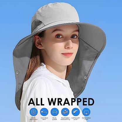 Outdoor Sun Hat Detachable Neck Face Flap UPF 50+UV Protection Visor Fishing Hats with Neck Flap for Men & Women - color: Light Grey