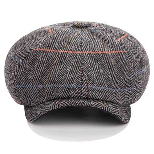 Men's Wool Newsboy Cap 8-Panel Tweed Taxi Hat Herringbone Gatsby Flat Hats - color: Gray