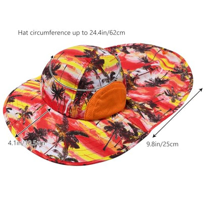 BASSDASH UPF 50+ Unisex Water Resistant Wide Brim Sun Hat with Large Neck Flap Ponytail Fishing Hat for Men Women - color: Sunset Palm Trees/Orange