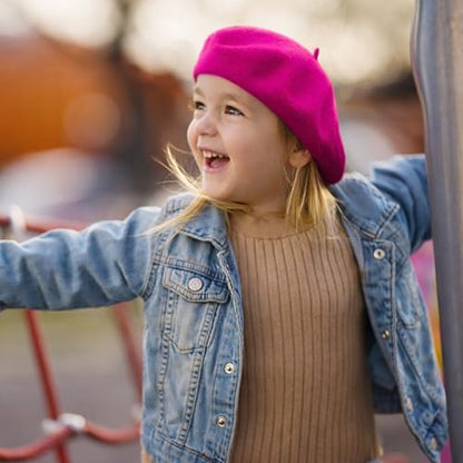 Wheebo Berets for Kids Wool French Beret Hats Artist Painter Hats for Little Girls Boys Solid Color Style - color: Hot Pink