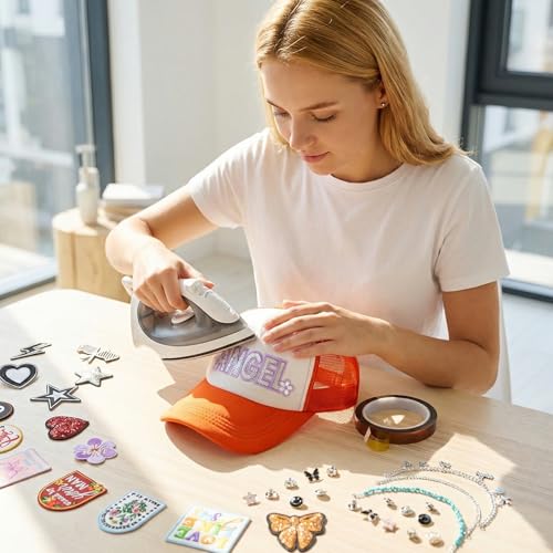 HEYTRCO 43PCS DIY Trucker Hat Kit, 3 Mesh Foam Hats with Iron-On Embroiederd & Sequin Patches, Hat Pins, Hat Chains & Heat-Resistant Tape – Party Craft Kit for Teens - color: Red / Rose Red / Blue – Colorful Party DIY Kit