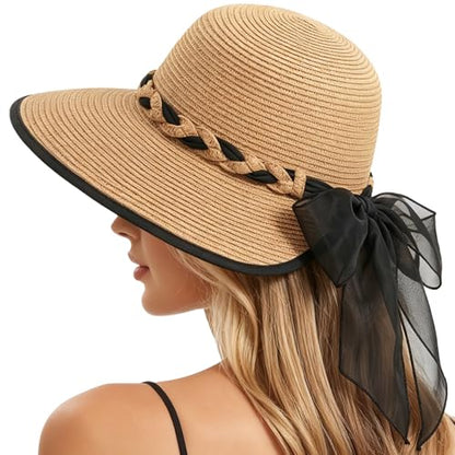 Pleneal Beach Sun Staw Hats for Women, UPF 50+ Foldable Wide Brim Sun Hat - color: Khaki - a
