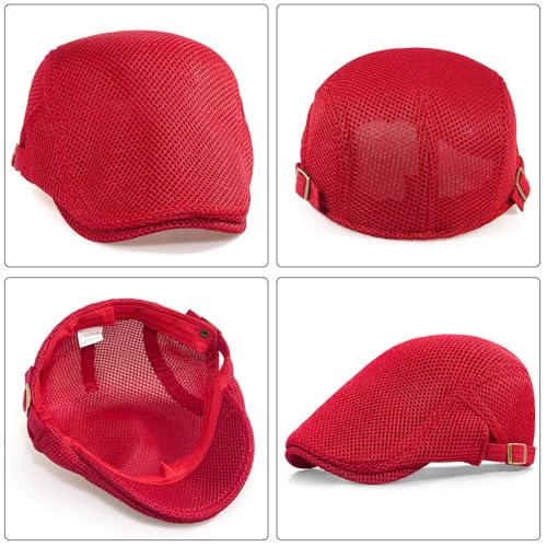 Xinveen Men's Mesh Cap Breathable Summer Newsboy Hat Adjustable Beret Ivy Cap Irish Cabbie Driving Hunting Hats - color: Red