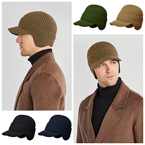 Men's Winter Hat with Brim, Warm Earflaps Hat for Men, Thick Fleece Lined Knit Winter Beanie Outdoor - color: Khaki