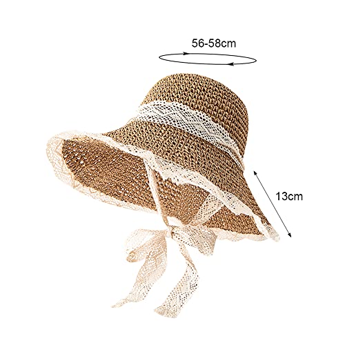 Women Wide Brim Straw Sun Hat Floppy Beach Cap UV Protection Crochet Bucket Hat Packable Summer Travel Hat with Lace Brim - color: Khaki