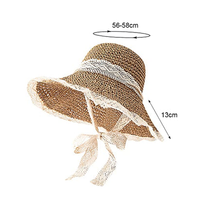 Women Wide Brim Straw Sun Hat Floppy Beach Cap UV Protection Crochet Bucket Hat Packable Summer Travel Hat with Lace Brim - color: Khaki