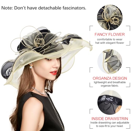 2026 Derby Hats for Women Ladies, Classy Organza Sun Hat, Church Tea Party Wedding Kentucky Fascinator Hat - color: J-2462-black Gold