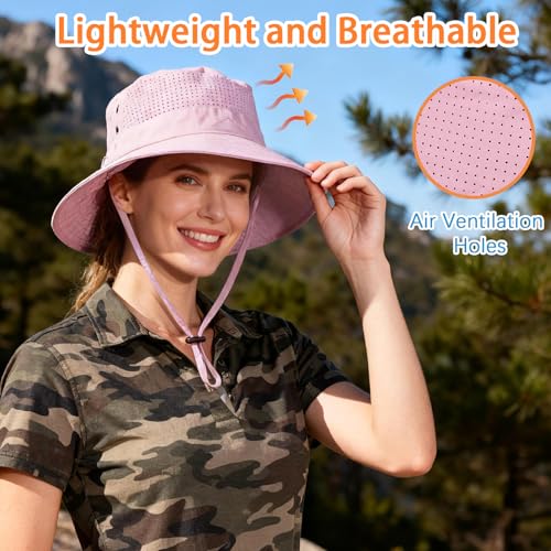 Sun Bucket Hat for Men Women Fishing Beach Safari Hats for Golf Hiking Hunting Outdoor UPF 50+ - color: With One Pair Cooling Sleeves-1pack-pink