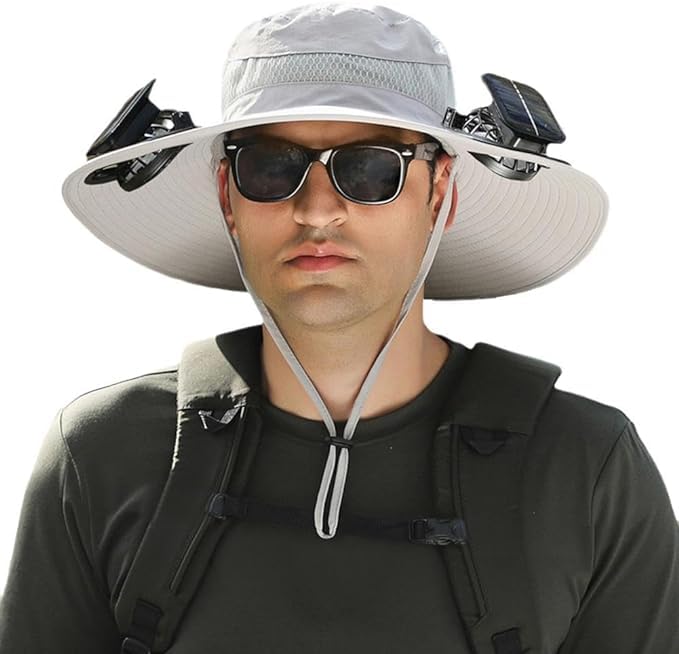 Outdoor Wide Brim Sun Hat with 2 Solar Fan Sun Bucket Hat for Men Women UPF 50+ Bucket Fishing & Beach Hat with Fan Built in - color: A_light Gray