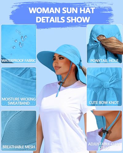 Womens Sun Hat Outdoor UV Protection Wide Brim Fishing Hat with Ponytail Hole Neck Flap for Beach Hiking Camping - color: Sun Hat-sky Blue