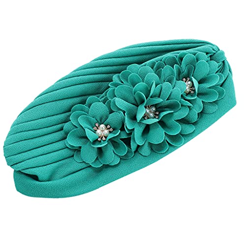 Flower Pre-Tied Turban Beanie, Soft Chemo Cap for Women Cancer Hair Loss - color: Teal