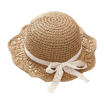 Girls Straw Hat with Flower Round Sunglasses, Summer Foldable Large Brim Sunflower Bowknot Beach Toddler Straw Sun Hat, 2-6T - color: Khaki-bow