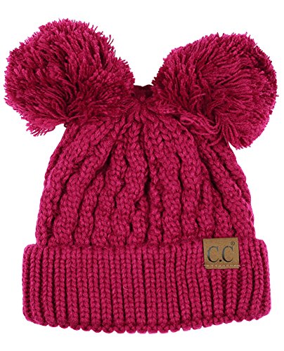 C.C 2 Ear Pom Pom Cable Knit Soft Stretch Cuff Skully Beanie Hat - color: Hot Pink