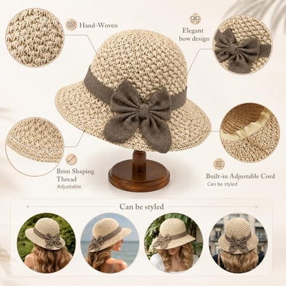 Straw Sun Hat for Women, Foldable Wide Brim Straw Bucket Hats with Adjustable Drawstring & Bow - color: Beige