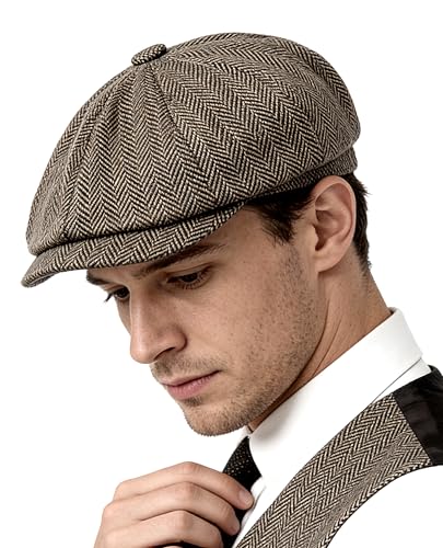 Adult 1920s Newsboy Cap for Men British Gangster Style Costume Baker Wool 8-piece Cap Halloween - color: Brown Herringbone, size: M (22.8")