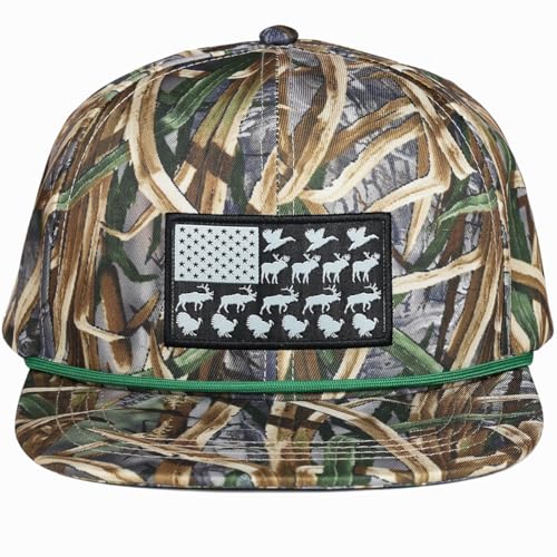 EDTREK Performance Outdoorsman Snapback Truck Hat with Flat Brim - Unique Animal Embroidery - color: Vintage Marsh Camo With Green Rope-wildlife Flag
