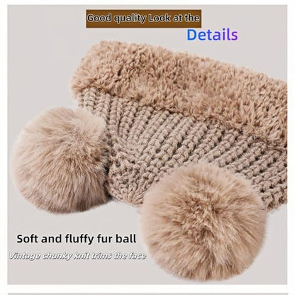 Womens Winter Knitted Beanie Hat with Double Faux Fur Pompom Fuzzy Warm Knit Ski Skull Cap for Women - color: White