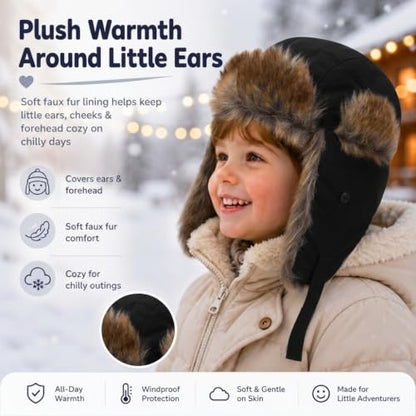 Baby Toddler Winter Trapper Hat Warm Faux Fur Aviator Hat Russian Ushanka Trooper Hunting Ski Hat with Ear Flaps Age 1-8T - color: Black, size: 1-4T