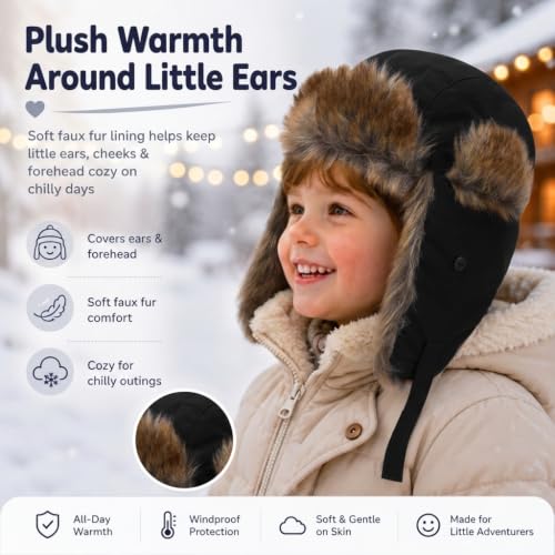 Baby Toddler Winter Trapper Hat Warm Faux Fur Aviator Hat Russian Ushanka Trooper Hunting Ski Hat with Ear Flaps Age 1-8T - color: Black, size: 5-8 Years