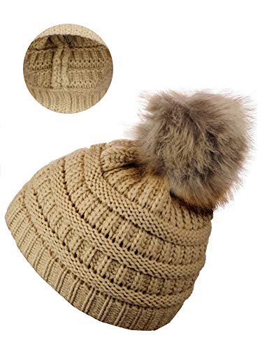 C.C Children's Kids' Soft Stretch Cable Knit Faux Fur Pom Beanie Hat - color: Beige