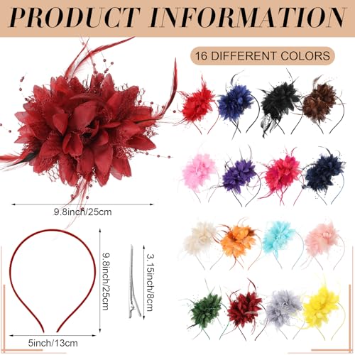 Tarpop 16 Pcs Fascinators Hat Tea Party for Women Flower Mesh Fascinators Hat Wedding Feather Headband Cocktail Hair Clip - color: Colorful, style: Classic