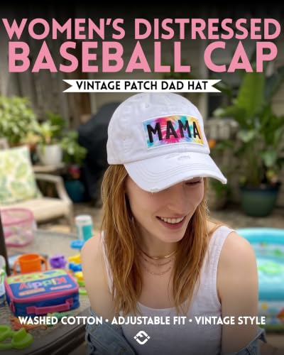 Funky Junque Distressed Baseball Cap, Vintage Embroidered Dad Hat - color: Tie Dye Mama Patch - White