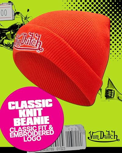 Von Dutch Unisex Cuffed Knit Skull Cap Beanie, Embroidered Logo - color: Orange
