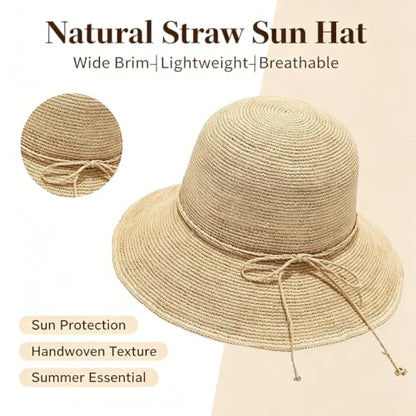 Straw Bucket Hats for Women Beach Sun Hat Foldable Packable Handmade Sun Protection Floppy Travel - color: Beige-brim3.9"