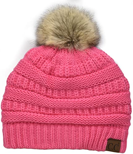 C.C Trendy Fuzzy Fleece Lined Warm Comfortable Soft Stretch Cable Knit Ribbed Faux Fur Pom Pom Beanie Hat - color: Candy Pink