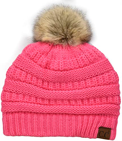 C.C Trendy Fuzzy Fleece Lined Warm Comfortable Soft Stretch Cable Knit Ribbed Faux Fur Pom Pom Beanie Hat - color: Candy Pink