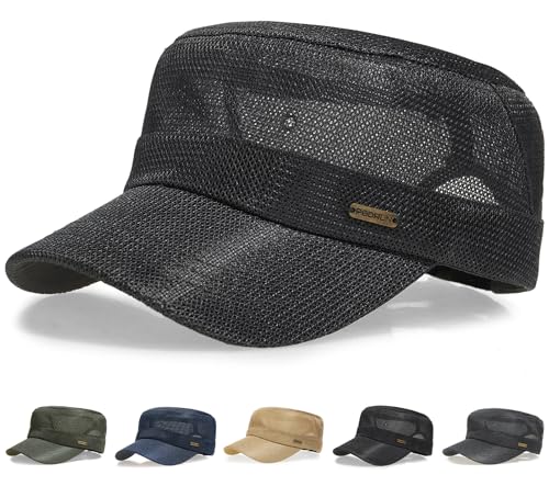 Initlove Cadet Army Cap for Men Women Military Hat Mesh Flat Top Hats for Summer - color: Black
