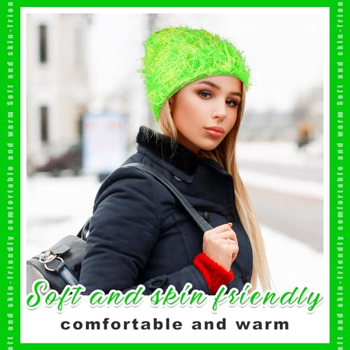 Chuarry Distressed Knitted Beanie Fuzzy Winter Hat - color: Yellow and Green