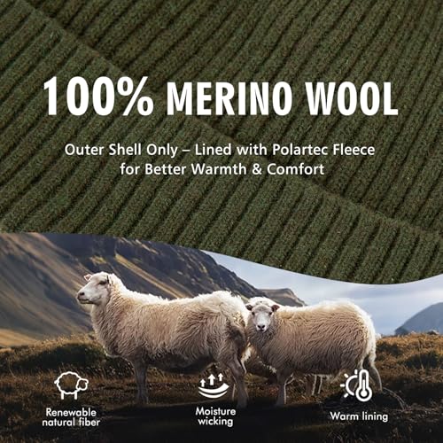 TOP-EX 100% Australian Merino Beanie, S/M-XL/XXL, Polartec Fleece Lined - color: Te94586_army Green, size: Medium-Large