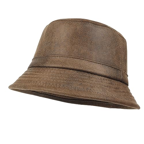 ililily Vintage Faux Leather Short Brim Bucket Hat Flat Top Basic Hat - color: Light Brown, size: Medium