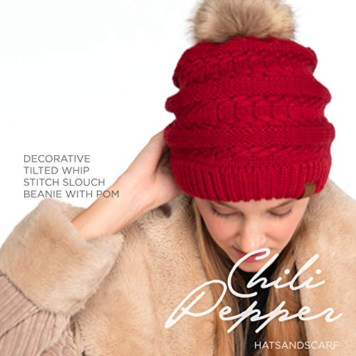 C.C Hatsandscarf Exclusives Unisex Solid Ribbed Beanie with Pom (HAT-43) - color: A Chili Pepper-tilted Stitch