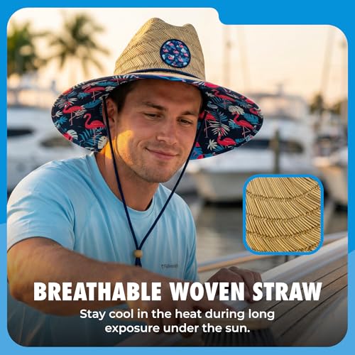 grinderPUNCH Straw Sun Hat for Men Women Wide Brim Beach Fishing UPF 50 - color: Flamingo Palm