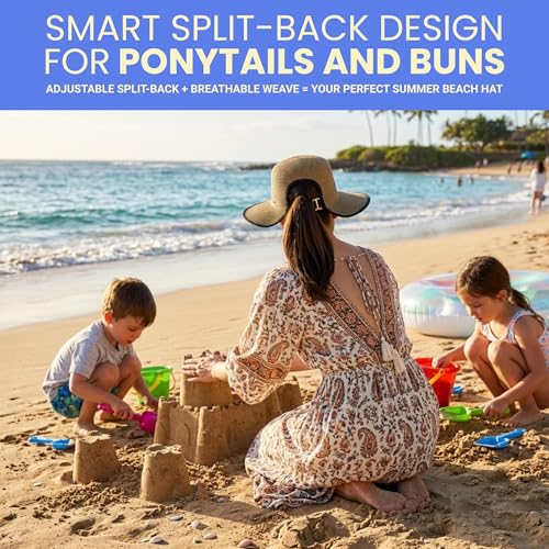 Funky Junque Wide Brim Panama Sun Hat, Womens Packable Straw - color: Split Back Ponytail - Dark Natural Mix