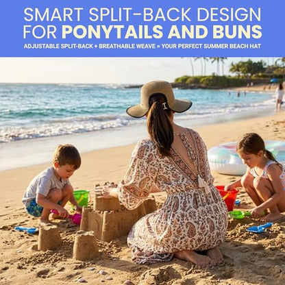 Funky Junque Wide Brim Panama Sun Hat, Womens Packable Straw - color: Split Back Ponytail - Dark Natural Mix