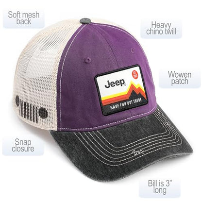 Jeep Have Fun Out There Patch Garment Washed Trucker Hat Unstructured for Men & Women - Adjustable Snapback Baseball Cap - color: Purple